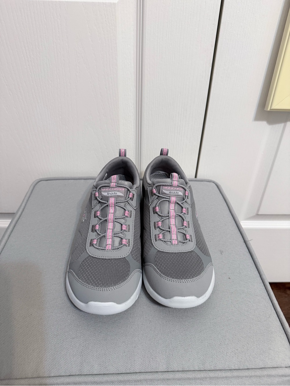 Gray Slip-On Sneakers with Pink Accents